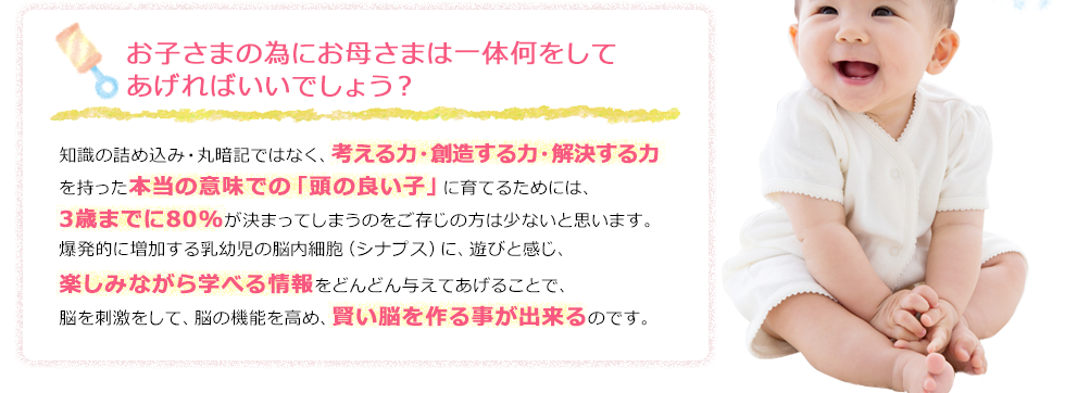 知識の詰め込み・丸暗記ではなく、考える力・創造する力・解決する力を持った本当の意味での「頭の良い子」に育てるためには、3歳までに80%が決まってしまうのをご存じの方は少ないと思います。爆発的に増加する乳幼児の脳内細胞（シナプス）に、遊びと感じ、楽しみながら学べる情報をどんどん与えてあげることで、脳を刺激をして、脳の機能を高め、賢い脳を作る事が出来るのです。